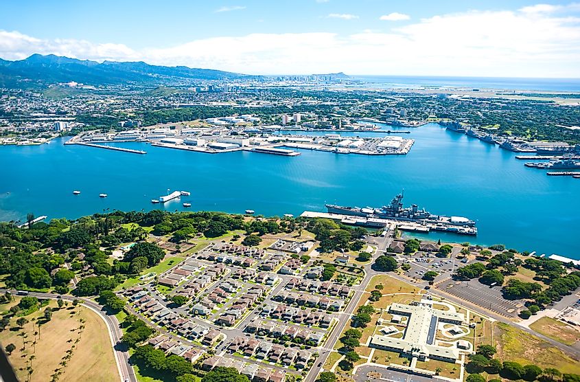 Aerial view of Pearl Harbor in Hawaii