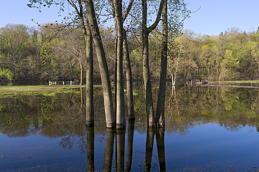 Lake Rebecca Park fishing pier bridge and banks.