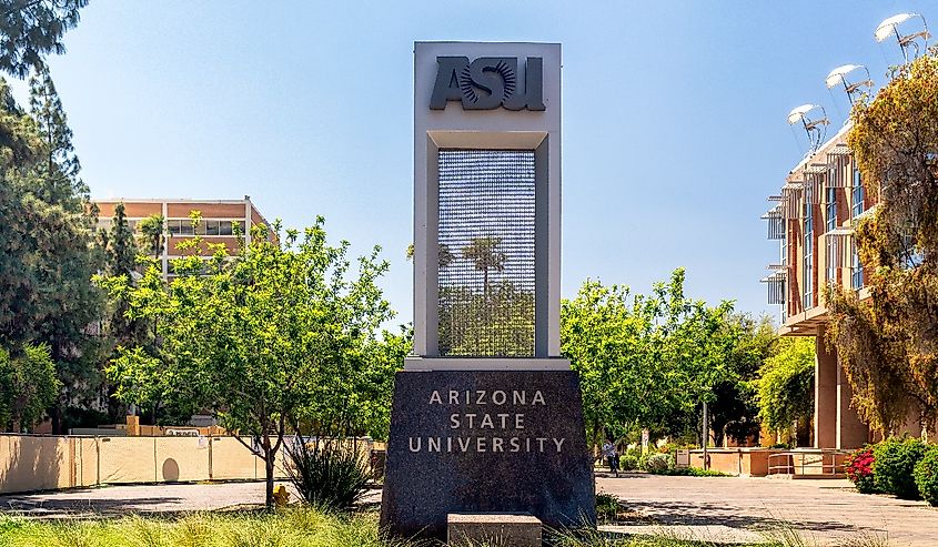 Entrance sign to Arizona State University in Phoenix, AZ.
