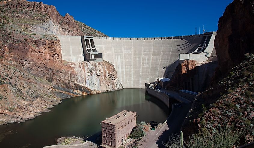 Theodore Roosevelt Dam on Apache and Roosevelt lake, west of Phoenix AZ in the Sierra Ancha mountains