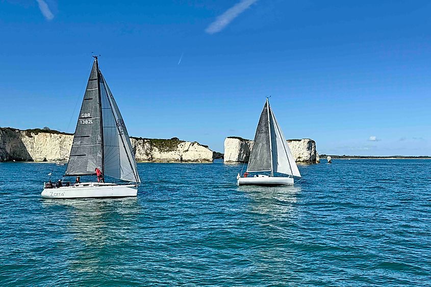 Sailboats passing Old Harry Rocks. Image credit: Bryan Dearsley