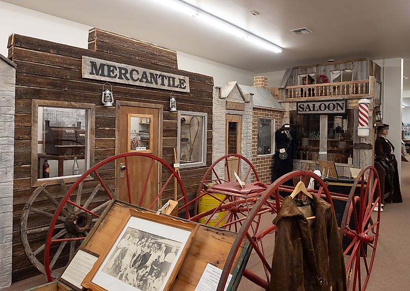 Lewistown, MT - Aug. 19, 2020: Display with old town building facades, wagon, and antiques in the Central Montana Museum in Lewistown, Montana.