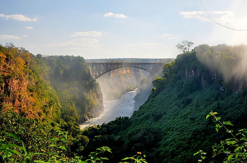 Victoria Falls is a famous watermark located on the border between Zambia and Zimbabwe southern Africa.