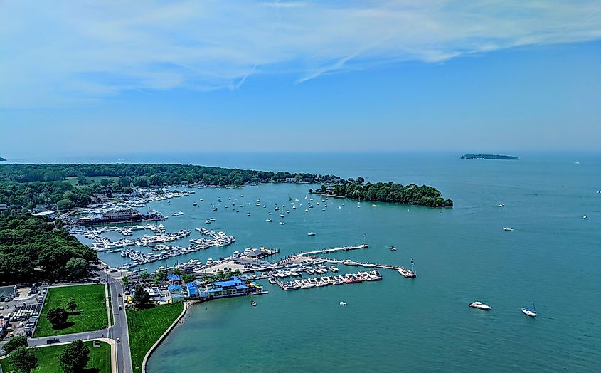 Aerial views of South Bass Island, including the harbor and town from Perry's Victory and International Peace Memorial.