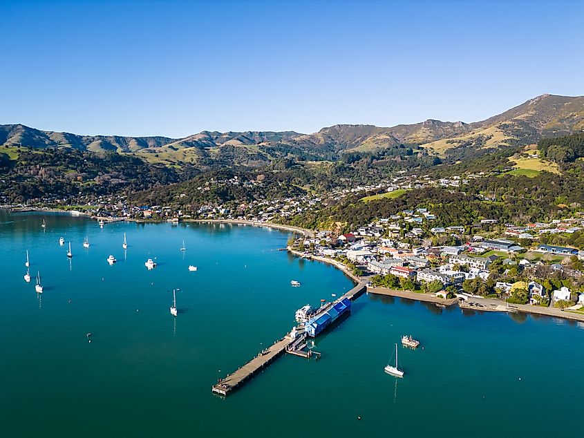 Aerial view of Akaroa, New Zealand.