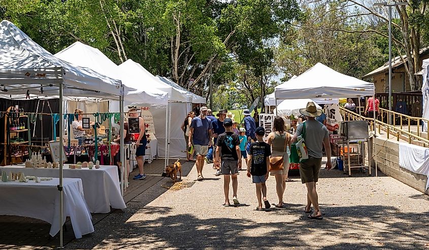 Customers visit the bi-weekly market stalls in Eumundi in Queensland
