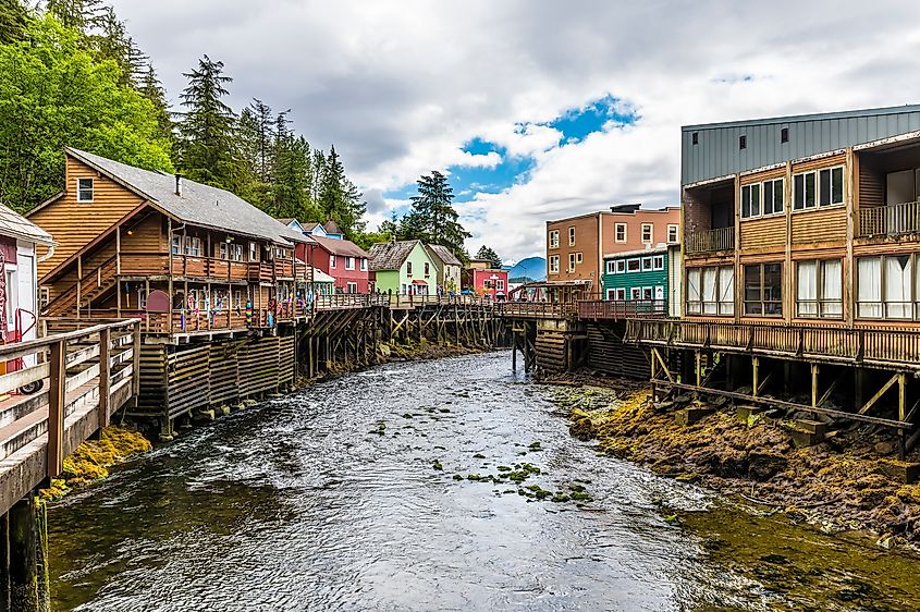Buildings on stilts along a creek in Ketchikan, Alaska