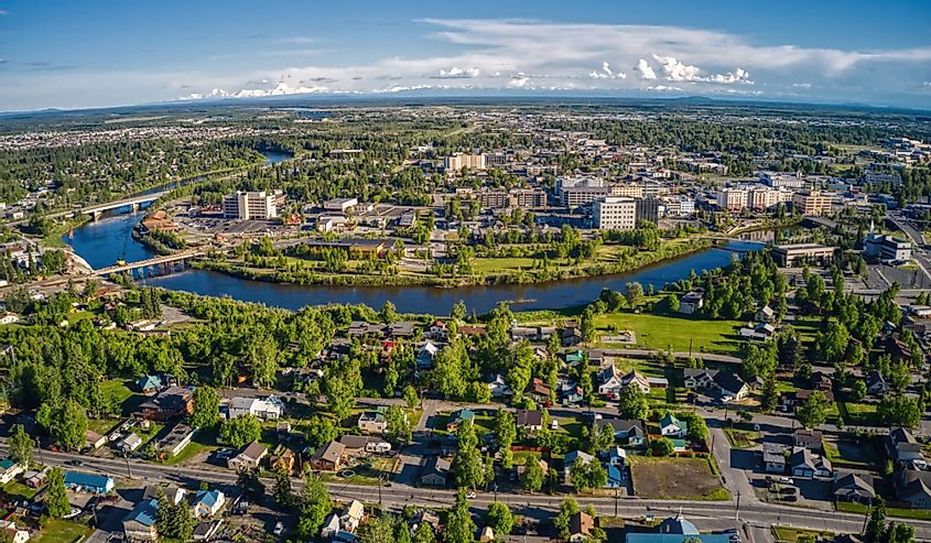 Aerial View of the Fairbanks, Alaska skyline during summer