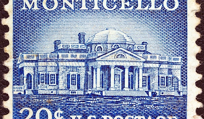 A  stamp printed in USA from the "Liberty" issue shows Monticello, Thomas Jefferson's estate, circa 1954.