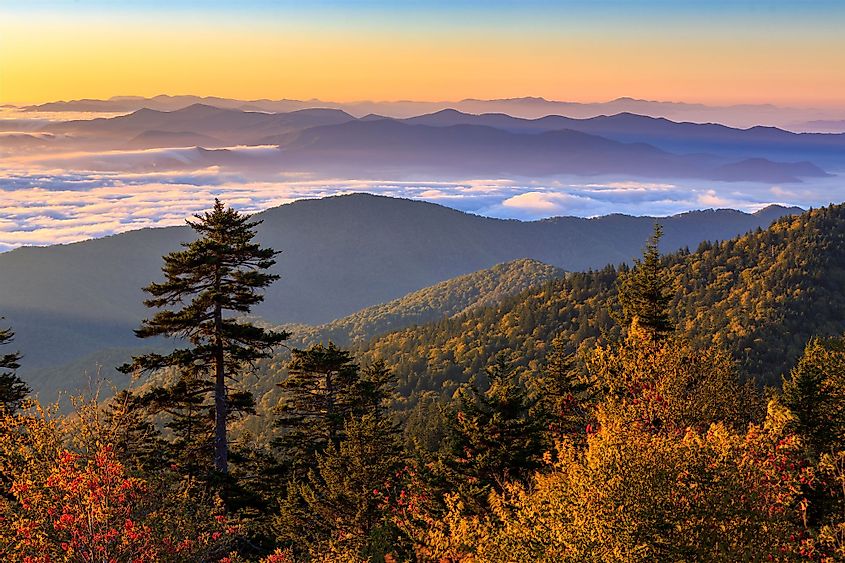 The sun rises over the Smoky Mountains at Clingmans Dome in Great Smoky Mountains National Park, Tennessee