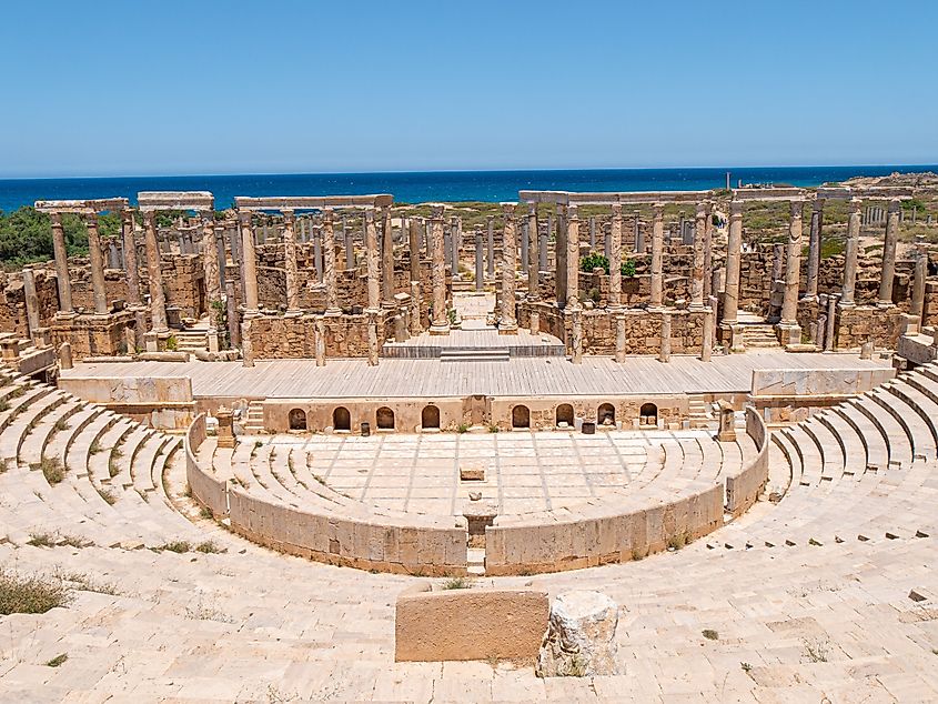 Roman Theater of Leptis Magna, Libya, on a clear afternoon