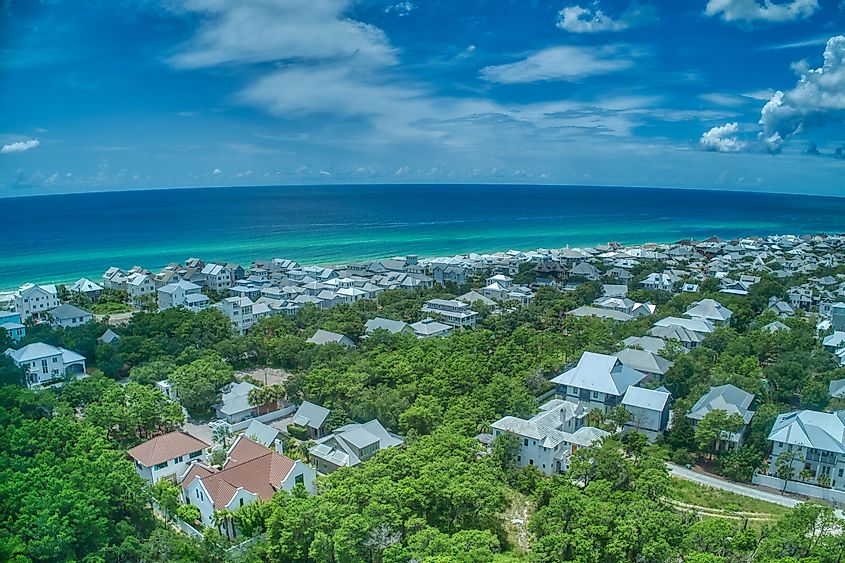 Aerial view of Rosemary Beach, Florida, showcasing the beautiful turquoise waters of the Gulf of Mexico.