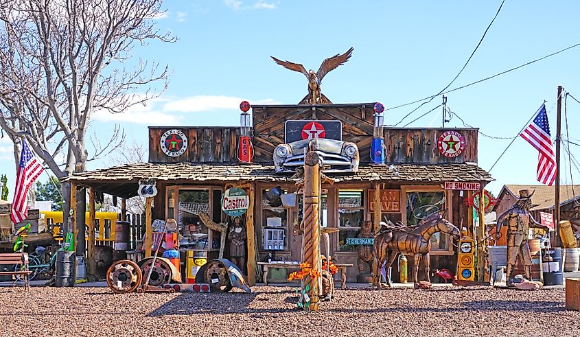 View of vintage signs in historic Old Town of Cottonwood, Arizona
