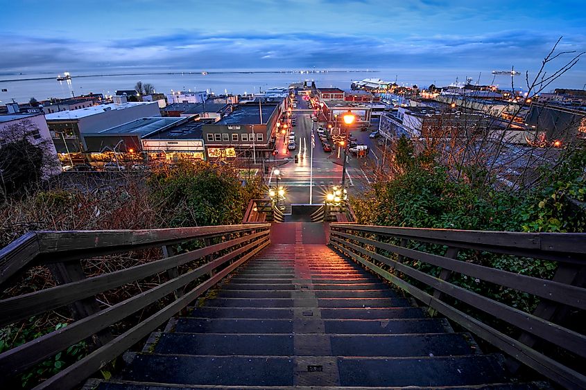 Downtown Port Angeles, Washington, at dusk.