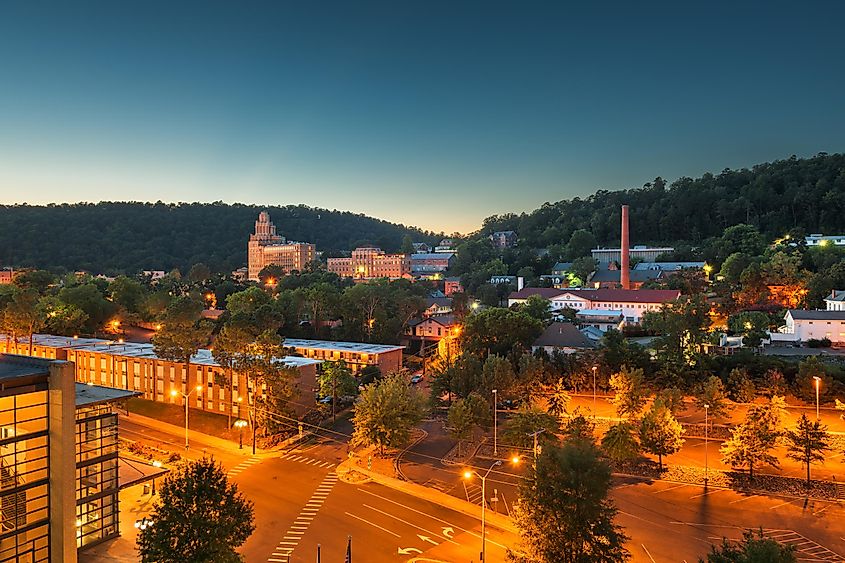 Town skyline of Hot Springs, Arkansas, USA, from above at dawn.