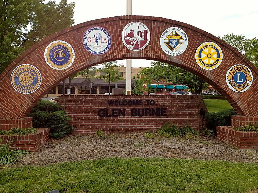 Sign welcoming visitors to Glen Burnie, Maryland.