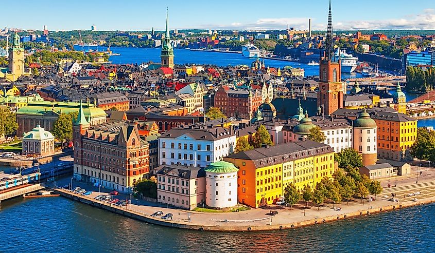 Scenic summer aerial panorama of the Old Town (Gamla Stan) in Stockholm, Sweden.