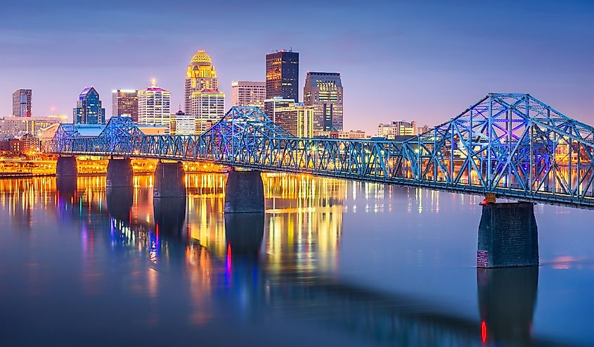 Louisville, Kentucky, USA downtown skyline on the Ohio River at dusk.