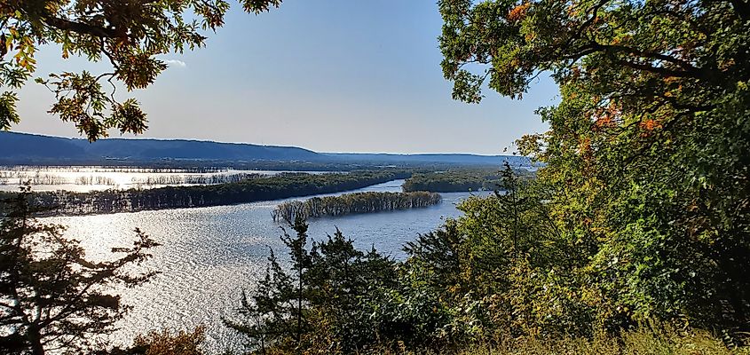 View of the Mississippi River through the trees in Mcgregor, Iowa. Beauty of Nature concept.