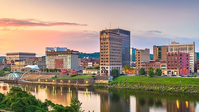 Charleston, West Virginia, downtown skyline on the river at dusk