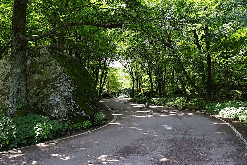 Curving road at Smugglers' Notch State Park, Vermont.