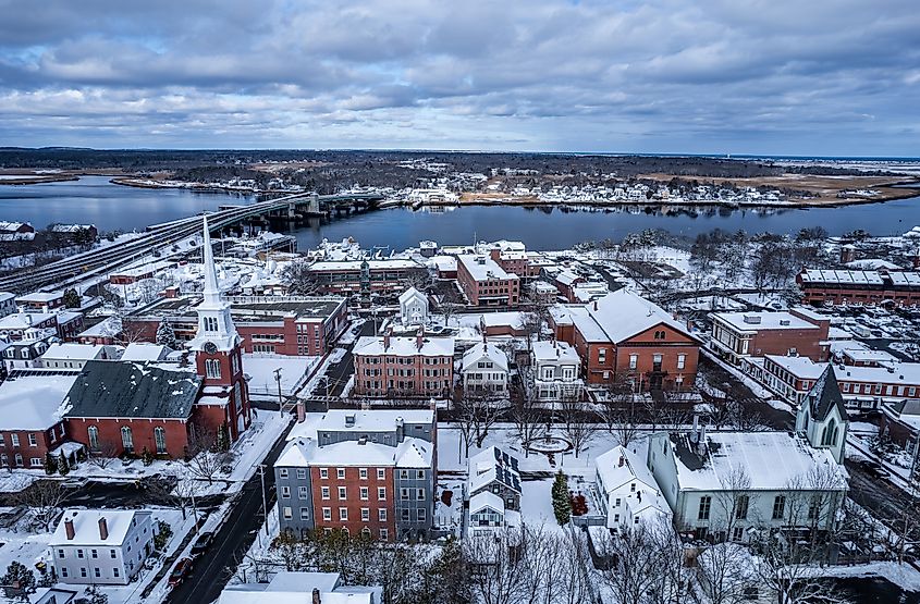 Aerial view Newburyport, Massachusetts in winter.