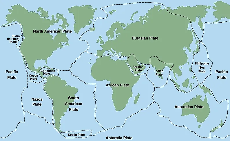 A labeled world map showing the major and minor tectonic plates and their boundaries.
