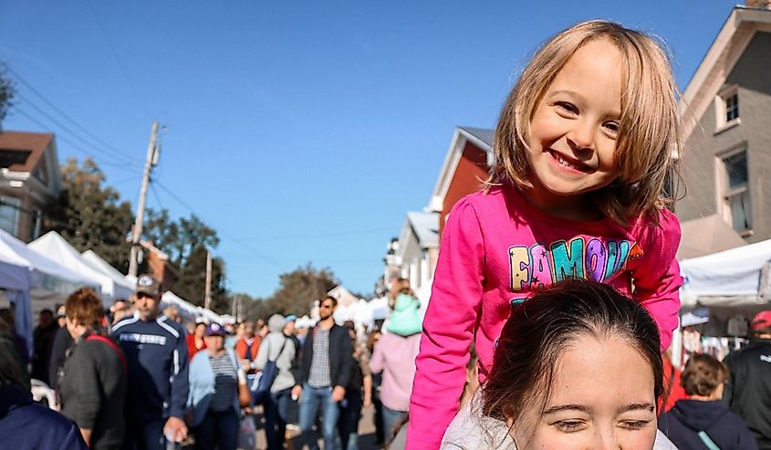 Visitors and stalls at the Sauerkraut Festival in Waynesville, Ohio.