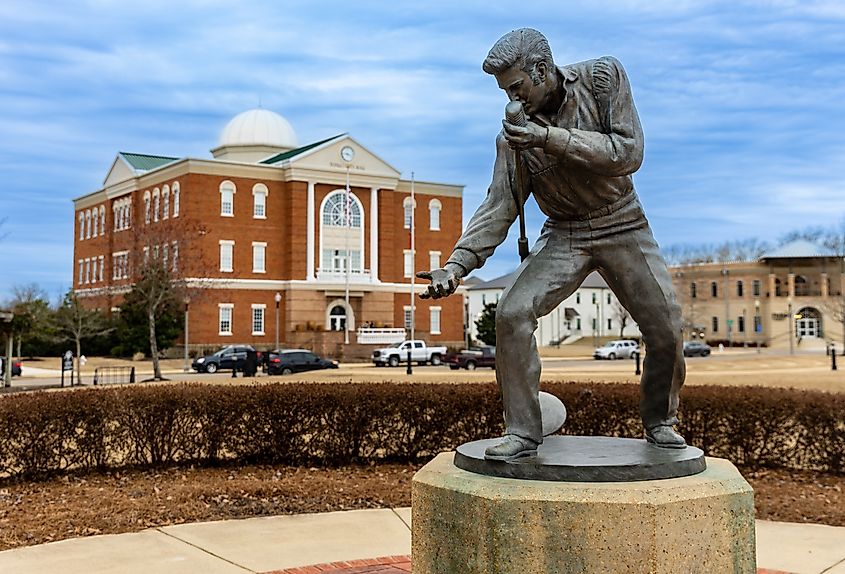 The Elvis Presley statue and Tupelo City Hall in Tupelo, Mississippi.
