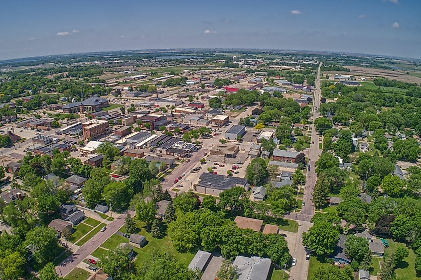 Aerial view of buildings in Spirit Lake, Iowa.