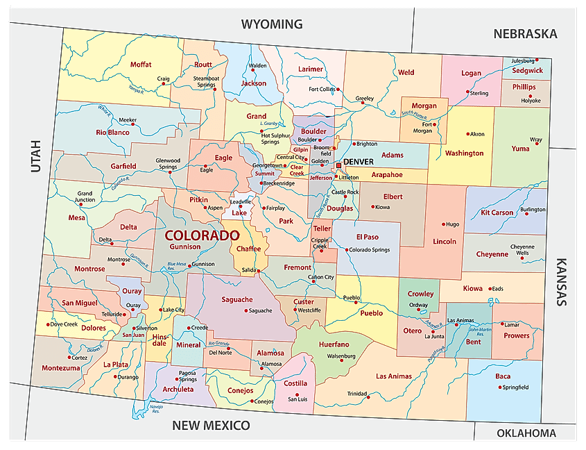 County map of Colorado showing Broomfield County wedged among Adams, Boulder, Jefferson, and Weld counties.
