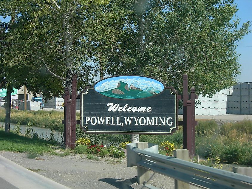 Sign welcoming visitors to Powell, Wyoming.
