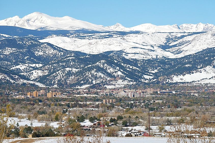 Snow-covered Rocky Mountains and a college town Boulder, Colorado