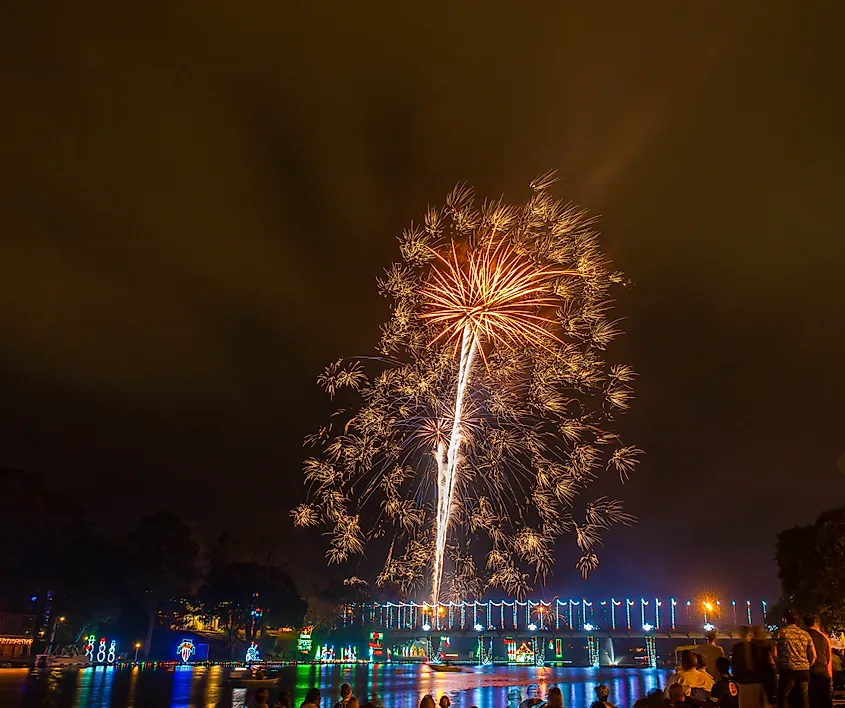 Firework Display Over The Cane River at The Natchitoches Christmas Festival, Natchitoches, Louisiana, USA.