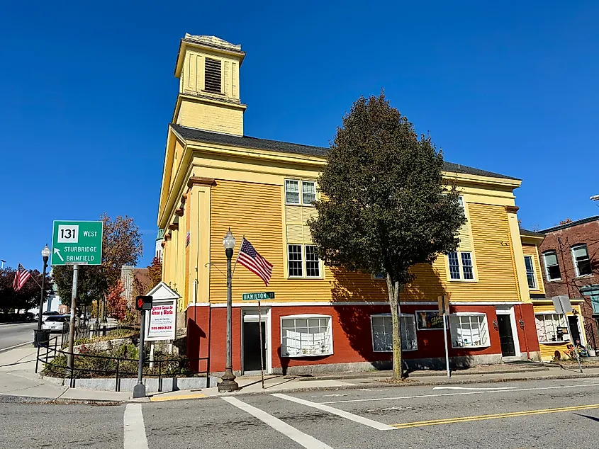A historic church at the intersection of Hamilton Street in Southbridge, Massachusetts.