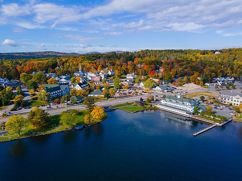 Aerial view of the picturesque town of Meredith, New Hampshire, in fall.