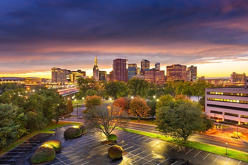 Hartford, Connecticut, downtown skyline at dusk in early autumn