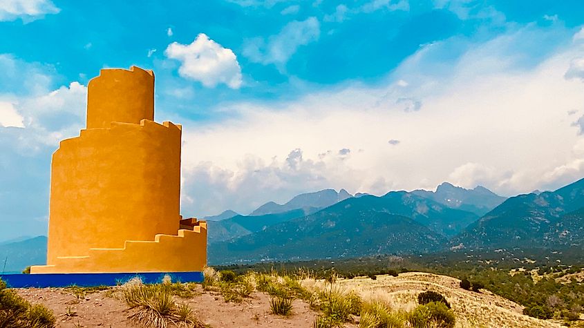 View of the Crestone Ziggurat in Crestone, Saguache, Colorado, United States.
