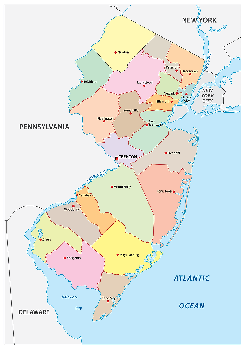 Administrative map of New Jersey showing its 21 counties, with Sussex County at the northern tip of the state.