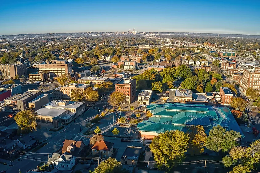 Aerial view of Council Bluffs, Iowa in autumn.