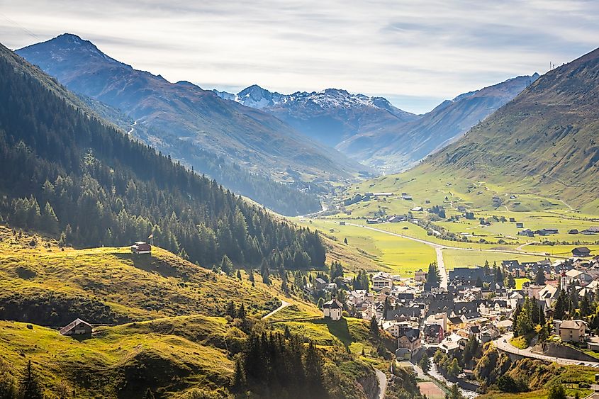 Idyllic landscape of Andermatt village, Swiss Alps, Switzerland.