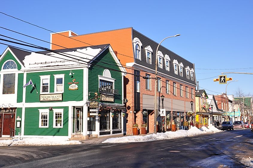 Colourful buildings on High Street, Wolfville, Nova Scotia, Canada