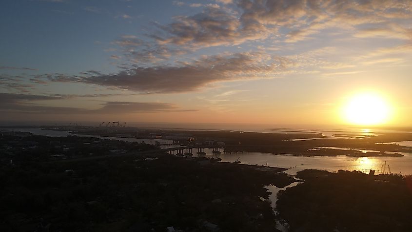 Sun setting over Pascagoula Mississippi.