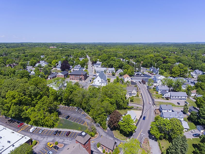 Aerial view of Medway historic town center and Village Street in summer, Medway, Boston Metro West area, Massachusetts, USA.