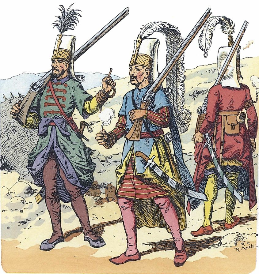 Illustration of Janissary uniforms by Richard Knötel, showing the appearance of the corps in its later period