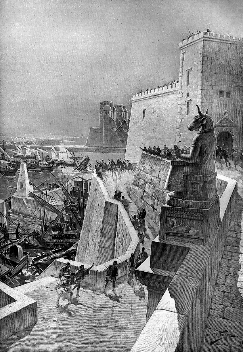 A naval action during Alexander the Great's siege of Tyre (332 BC). Drawing by André Castaigne.