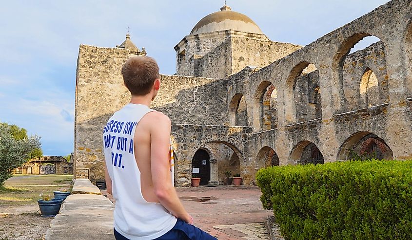 Man visiting Mission San Jose in San Antonio, Texas