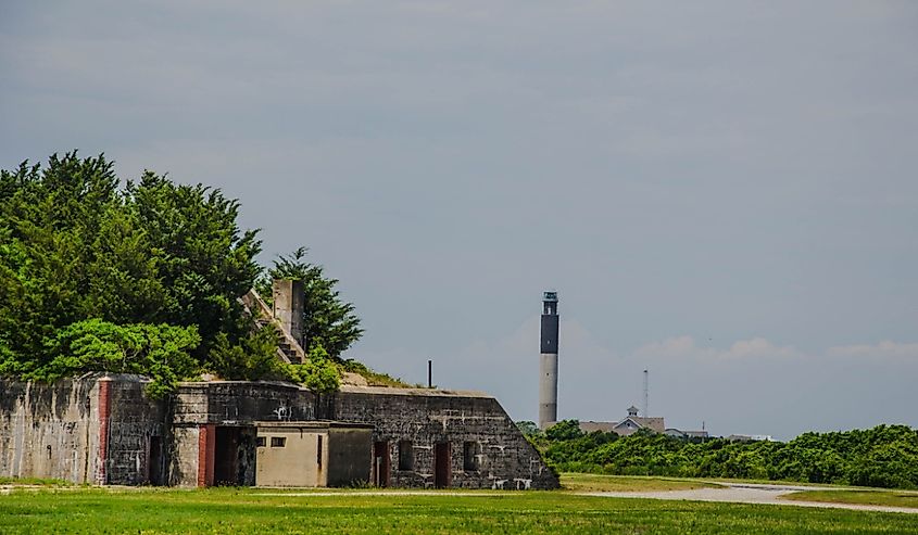 Fort Caswell with Oak Island lighthouse in the background.