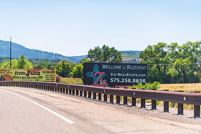 Welcome to Ruidoso sign on the highway to Ruidoso, New Mexico.