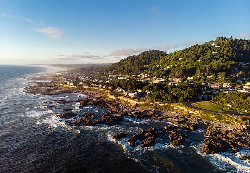 Drone shot of beautiful coastal town of Yachats.